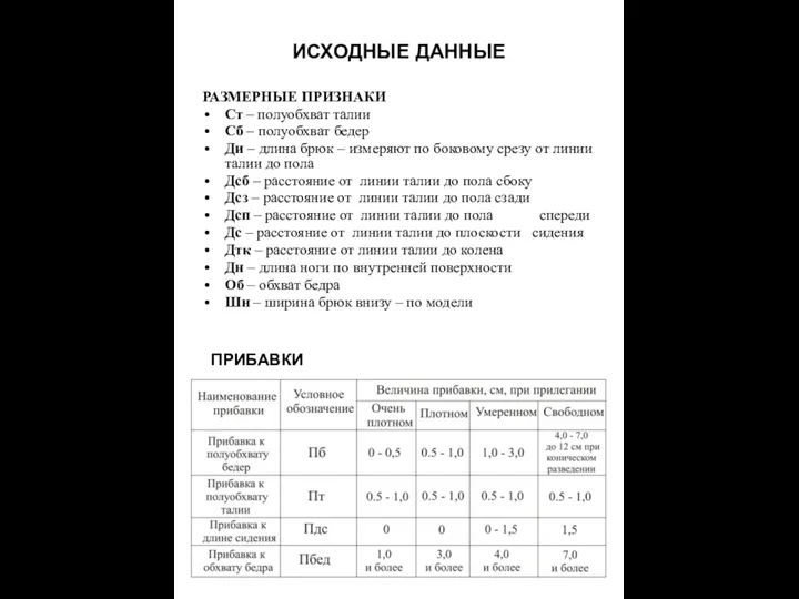 ИСХОДНЫЕ ДАННЫЕ РАЗМЕРНЫЕ ПРИЗНАКИ Ст – полуобхват талии Сб – полуобхват бедер