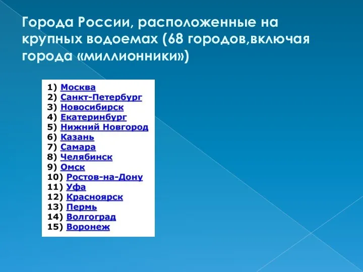 Города России, расположенные на крупных водоемах (68 городов,включая города «миллионники»)