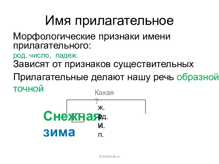 Имя прилагательное Морфологические признаки имени прилагательного: род, число, падеж. Зависят от признаков