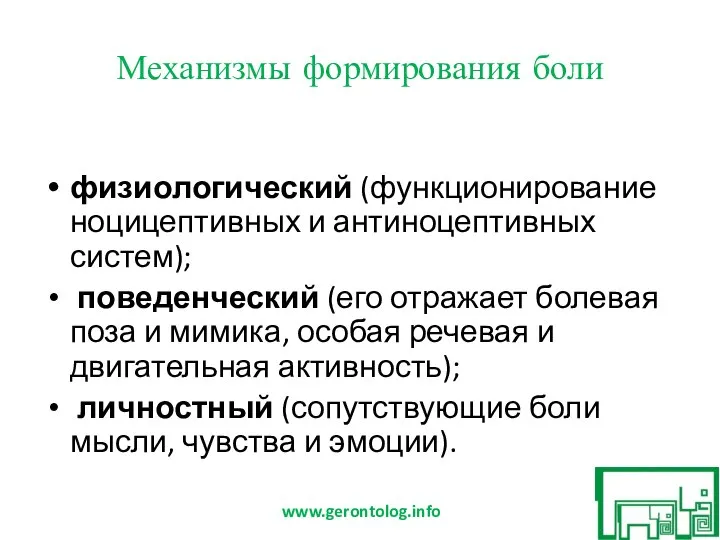 Механизмы формирования боли физиологический (функционирование ноцицептивных и антиноцептивных систем); поведенческий (его отражает