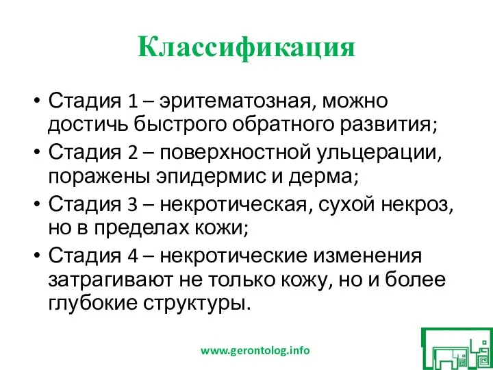 Классификация Стадия 1 – эритематозная, можно достичь быстрого обратного развития; Стадия 2