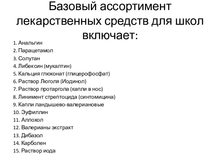 Базовый ассортимент лекарственных средств для школ включает: 1. Анальгин 2. Парацетамол 3.