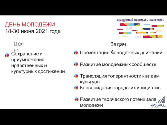 Презентация молодежных движений Развитие молодежных сообществ Трансляция толерантности к видам культуры Консолидация