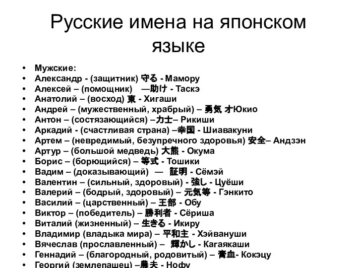 Русские имена на японском языке Мужские: Александр - (защитник) 守る - Мамору