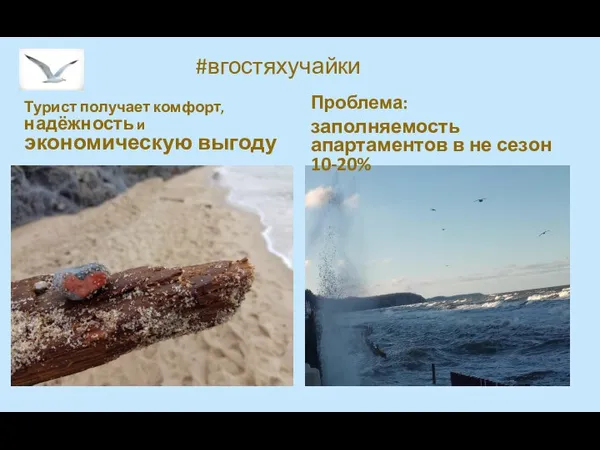 #вгостяхучайки Турист получает комфорт, надёжность и экономическую выгоду Проблема: заполняемость апартаментов в не сезон 10-20%