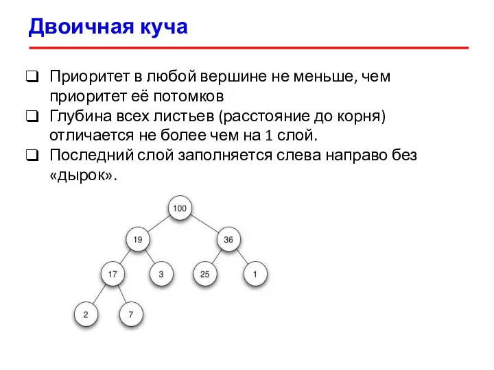 Двоичная куча Приоритет в любой вершине не меньше, чем приоритет её потомков