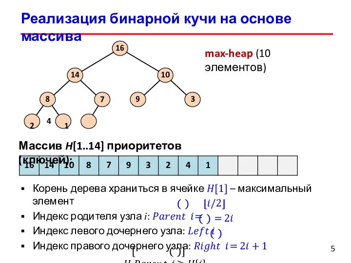 Реализация бинарной кучи на основе массива 5 7 8 2 4 1