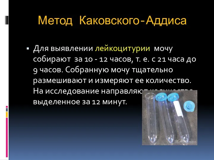 Для выявлении лейкоцитурии мочу собирают за 10 - 12 часов, т. е.