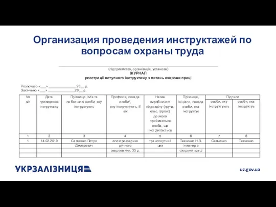 Организация проведения инструктажей по вопросам охраны труда ___________________________________________________________________________________ (підприємство, організація, установа) ЖУРНАЛ