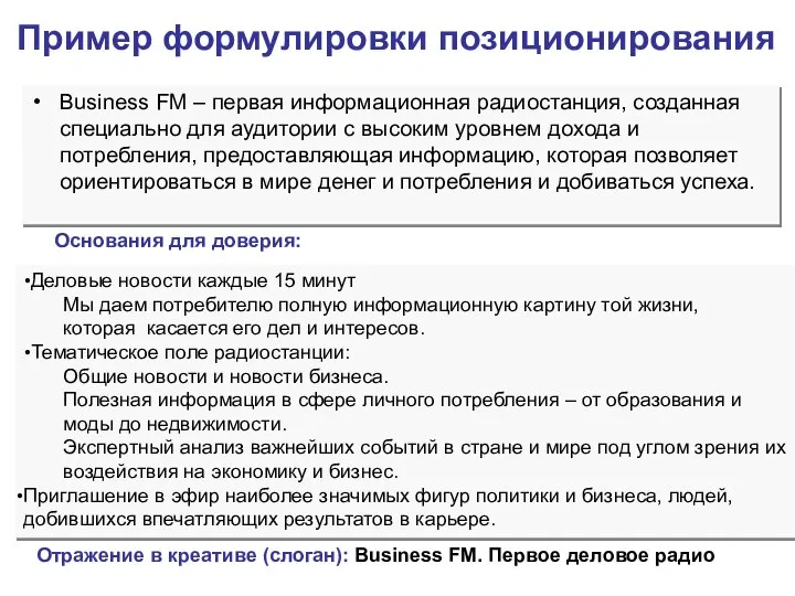 Пример формулировки позиционирования Business FM – первая информационная радиостанция, созданная специально для