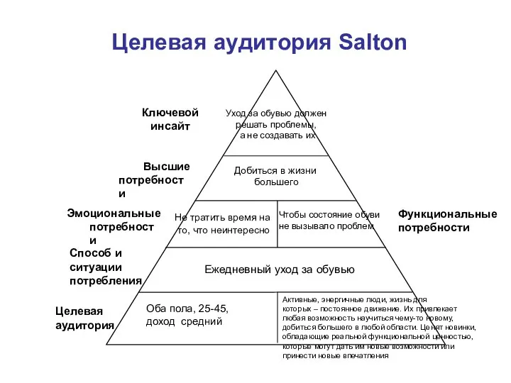 Целевая аудитория Ежедневный уход за обувью Целевая аудитория Salton Эмоциональные потребности Функциональные