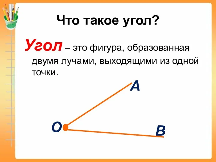 Что такое угол? Угол – это фигура, образованная двумя лучами, выходящими из одной точки.