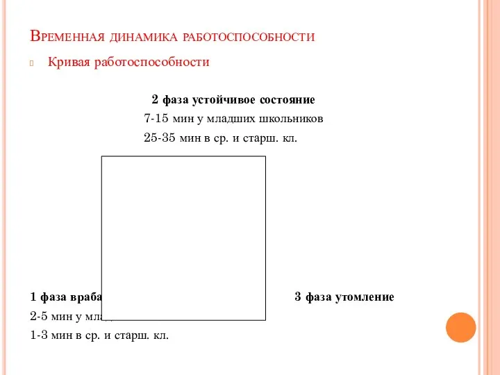 Временная динамика работоспособности Кривая работоспособности 2 фаза устойчивое состояние 7-15 мин у