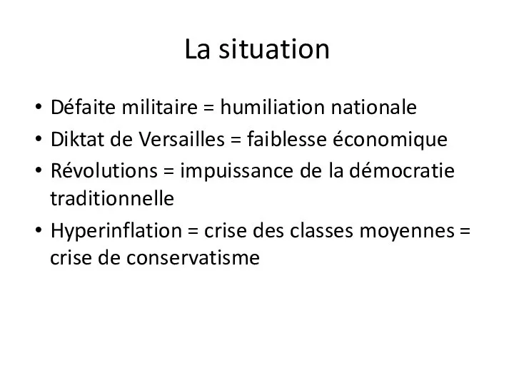 La situation Défaite militaire = humiliation nationale Diktat de Versailles = faiblesse