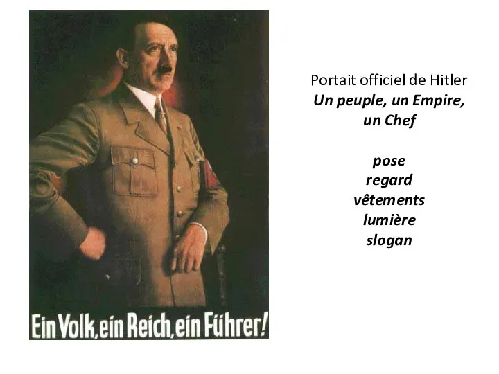 Portait officiel de Hitler Un peuple, un Empire, un Chef pose regard vêtements lumière slogan