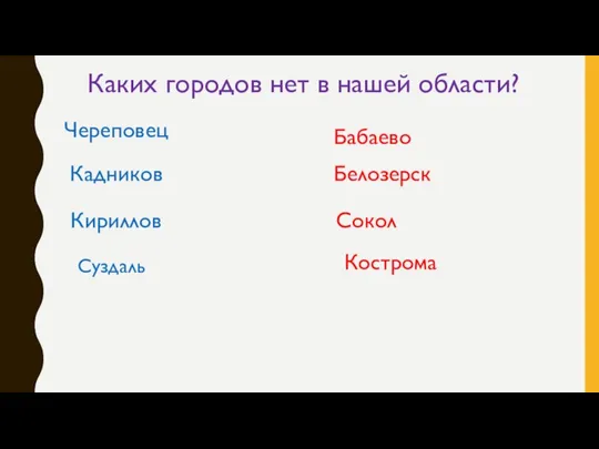 Каких городов нет в нашей области? Череповец Кадников Кириллов Суздаль Бабаево Белозерск Сокол Кострома