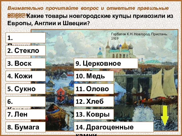 1. Пушнина Внимательно прочитайте вопрос и отметьте правильные ответы Вопрос: Какие товары