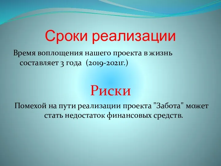 Сроки реализации Время воплощения нашего проекта в жизнь составляет 3 года (2019-2021г.)