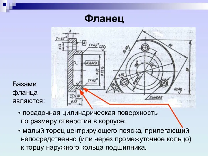 Фланец Базами фланца являются: посадочная цилиндрическая поверхность по размеру отверстия в корпусе;