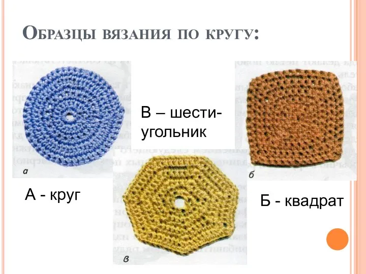 Образцы вязания по кругу: А - круг Б - квадрат В – шести- угольник