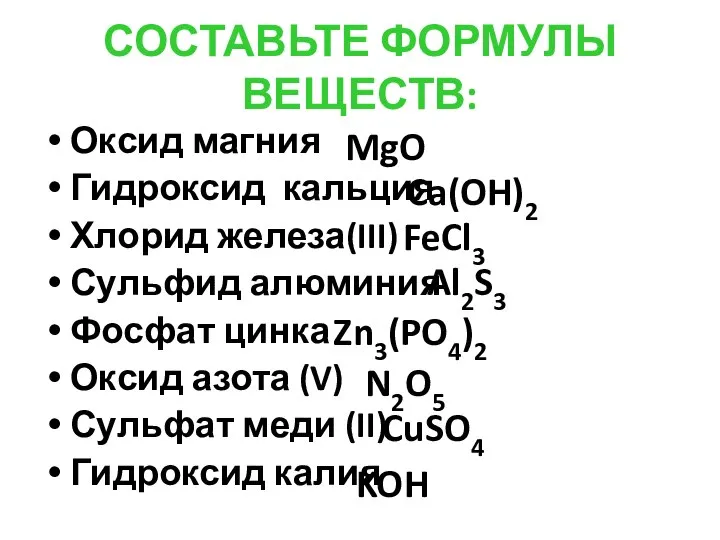 СОСТАВЬТЕ ФОРМУЛЫ ВЕЩЕСТВ: Оксид магния Гидроксид кальция Хлорид железа(III) Сульфид алюминия Фосфат