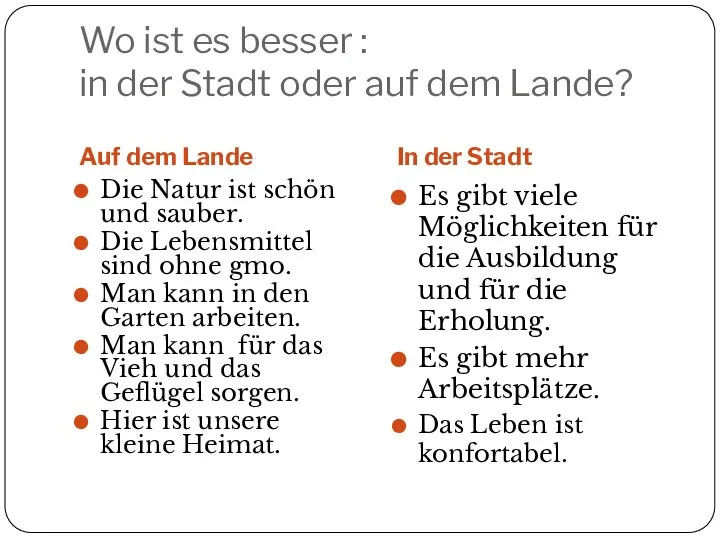 Wo ist es besser : in der Stadt oder auf dem Lande?