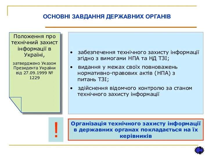 18 ОСНОВНІ ЗАВДАННЯ ДЕРЖАВНИХ ОРГАНІВ забезпечення технічного захисту інформації згідно з вимогами