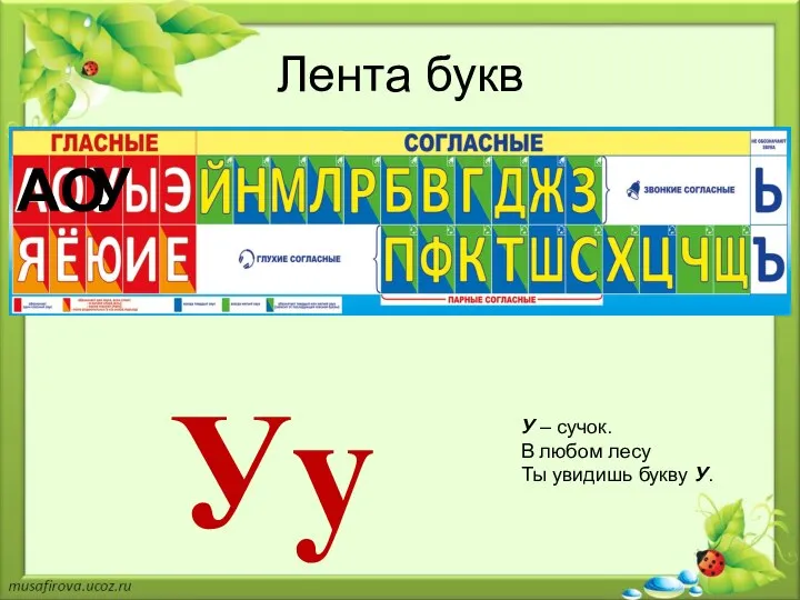 Лента букв А О Уу У – сучок. В любом лесу Ты увидишь букву У. У