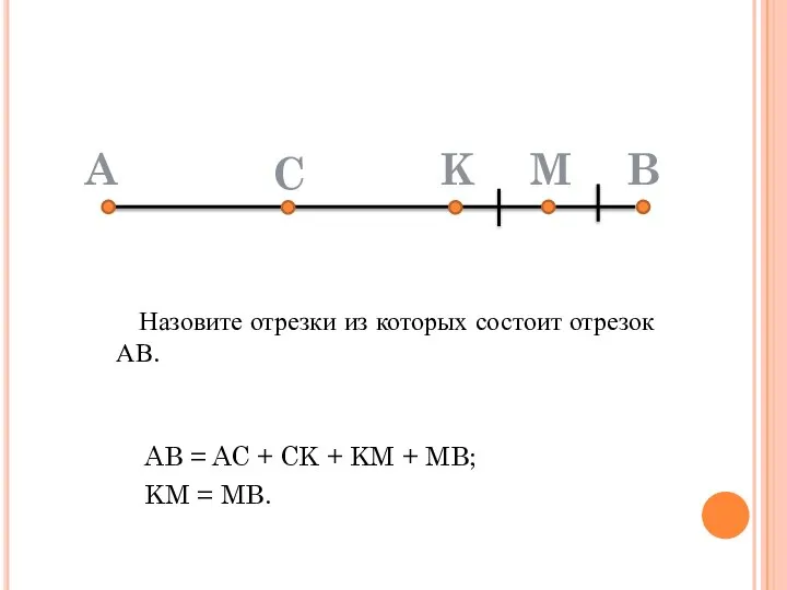 Назовите отрезки из которых состоит отрезок АВ. A C K M B