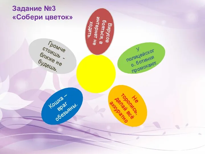 Задание №3 «Собери цветок» Громче стоишь - ближе не будешь. Вирусов бояться,