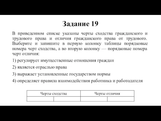 Задание 19 В приведенном списке указаны черты сходства гражданского и трудового права