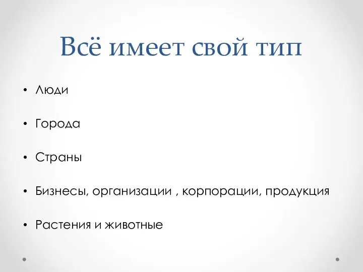 Всё имеет свой тип Люди Города Страны Бизнесы, организации , корпорации, продукция Растения и животные