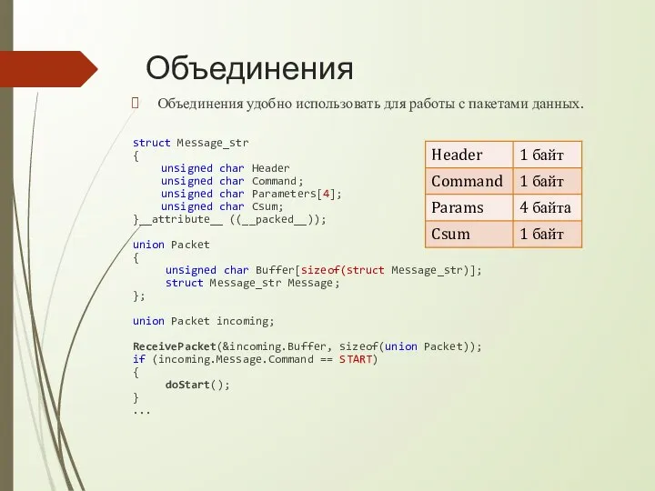 Объединения Объединения удобно использовать для работы с пакетами данных. struct Message_str {