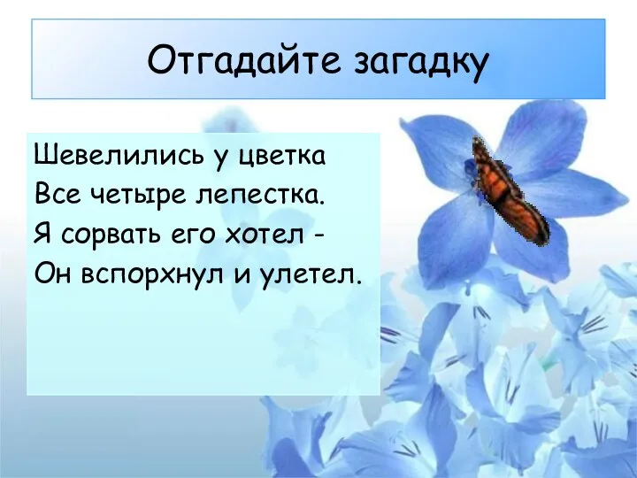 Отгадайте загадку Шевелились у цветка Все четыре лепестка. Я сорвать его хотел