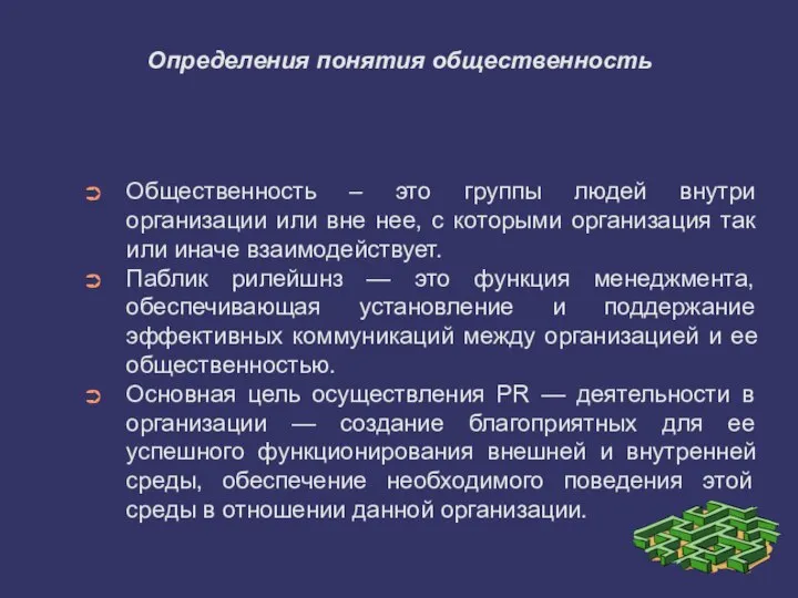 Определения понятия общественность Общественность – это группы людей внутри организации или вне