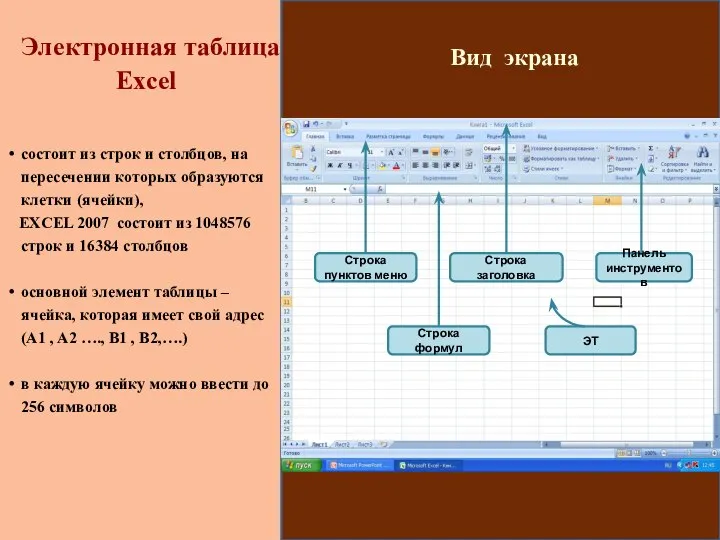Электронная таблица Excel состоит из строк и столбцов, на пересечении которых образуются