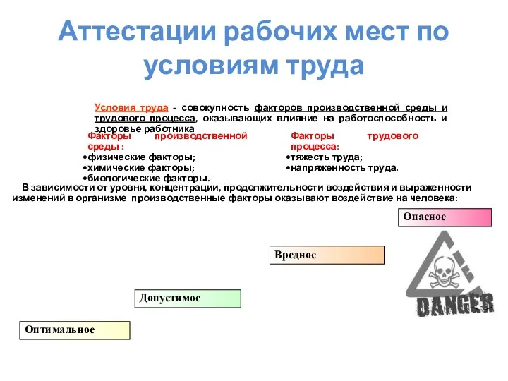 Аттестации рабочих мест по условиям труда Факторы трудового процесса: тяжесть труда; напряженность