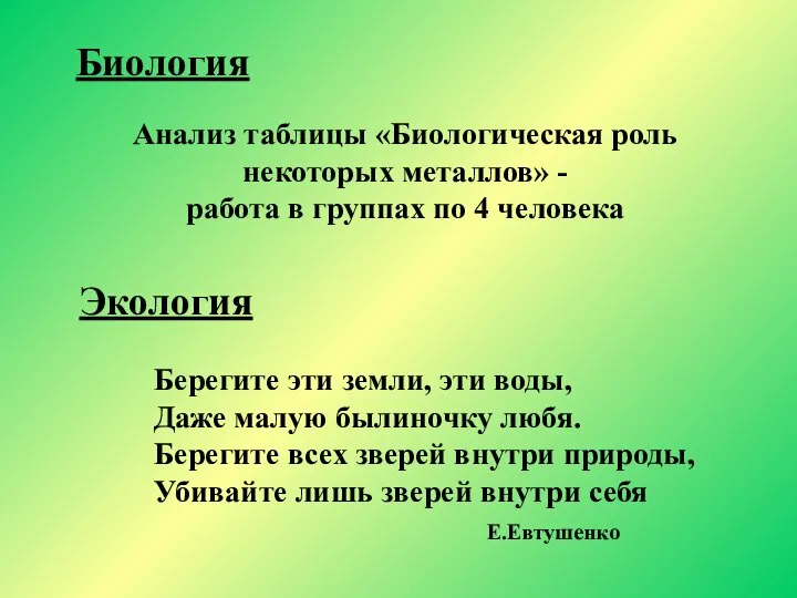 Анализ таблицы «Биологическая роль некоторых металлов» - работа в группах по 4