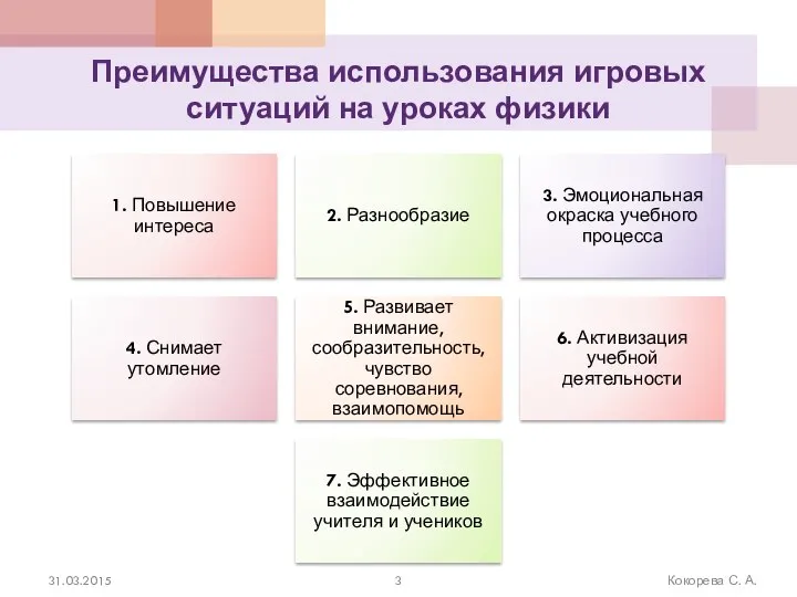 Преимущества использования игровых ситуаций на уроках физики 31.03.2015 Кокорева С. А.