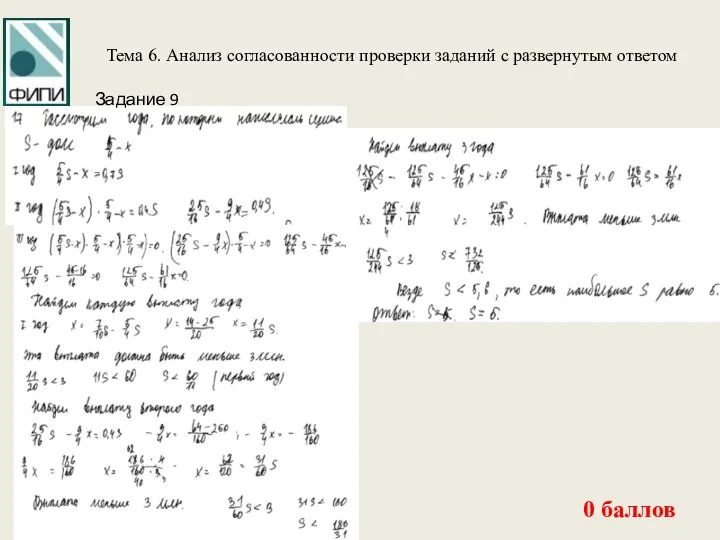 Тема 6. Анализ согласованности проверки заданий с развернутым ответом 0 баллов Задание 9