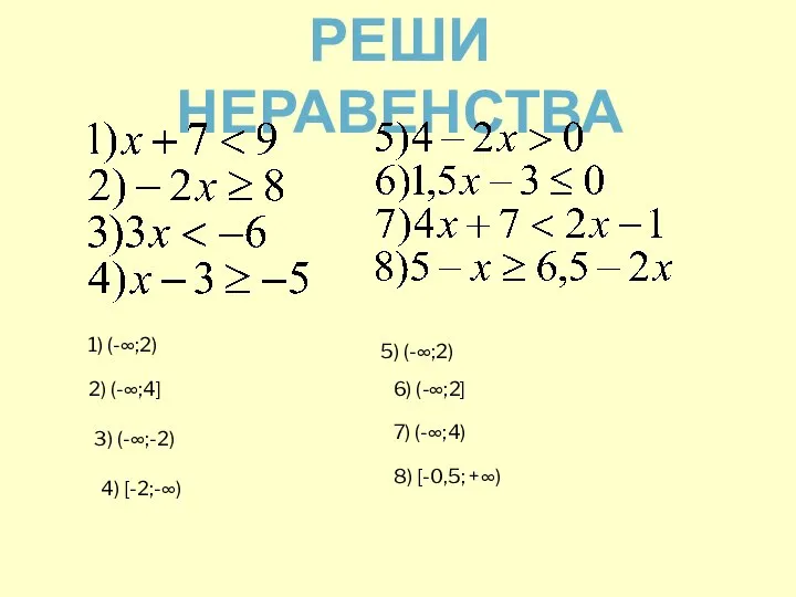 РЕШИ НЕРАВЕНСТВА 1) (-∞;2) 2) (-∞;4] 3) (-∞;-2) 4) [-2;-∞) 5) (-∞;2)