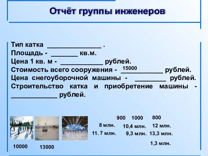 Отчёт группы инженеров Тип катка ______________ . Площадь - _______ кв.м. Цена