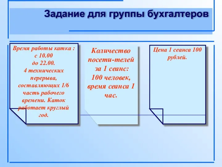 Задание для группы бухгалтеров Количество посети-телей за 1 сеанс: 100 человек, время