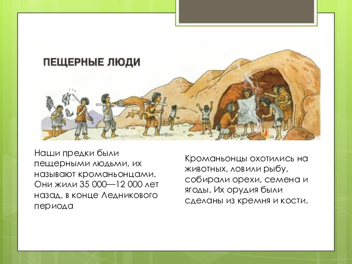 Наши предки были пещерными людьми, их называют кроманьонцами. Они жили 35 000—12