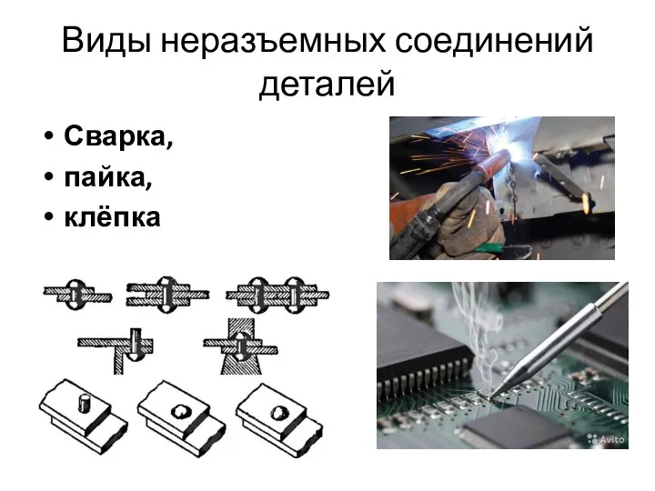 Виды неразъемных соединений деталей Сварка, пайка, клёпка