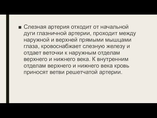 Слезная артерия отходит от начальной дуги глазничной артерии, проходит между наружной и