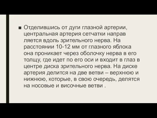 Отделившись от дуги глазной артерии, центральная артерия сетчатки направ­ляется вдоль зрительного нерва.