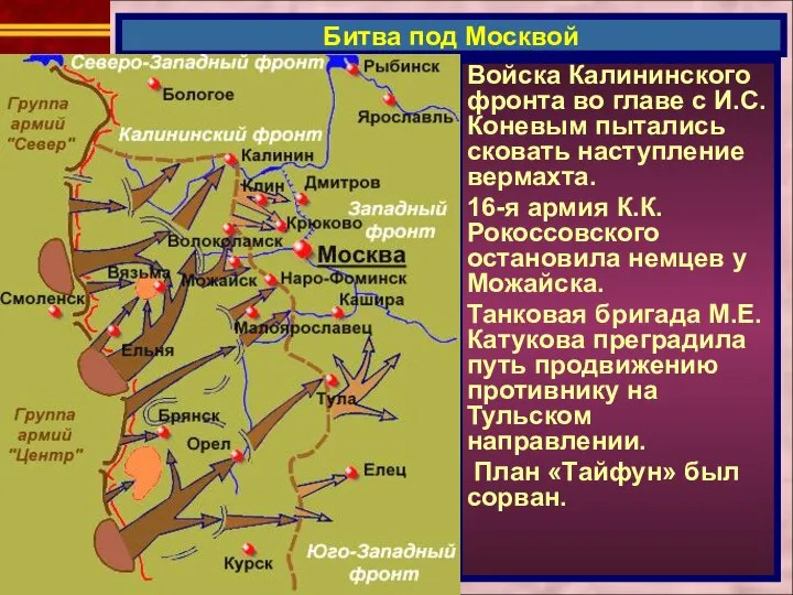 Войска Калининского фронта во главе с И.С. Коневым пытались сковать наступление вермахта.