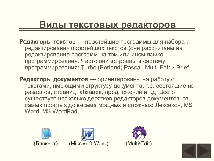 Виды текстовых редакторов Редакторы текстов — простейшие программы для набора и редактирования