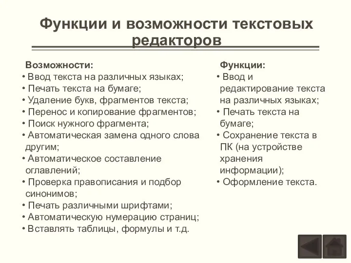 Функции и возможности текстовых редакторов Возможности: Ввод текста на различных языках; Печать